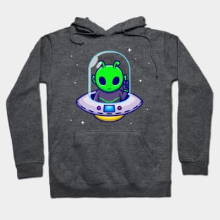 Cute Alien With Peace Hand In Spaceship UFO Cartoon Hoodie